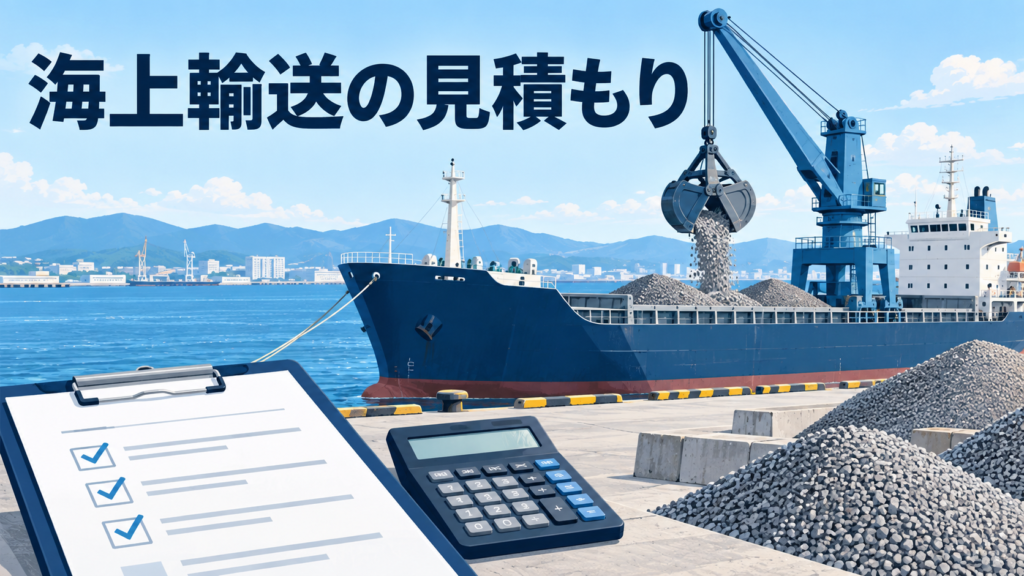 海上輸送の見積もりを表す、ガット船と砂利、見積書、電卓のイラスト