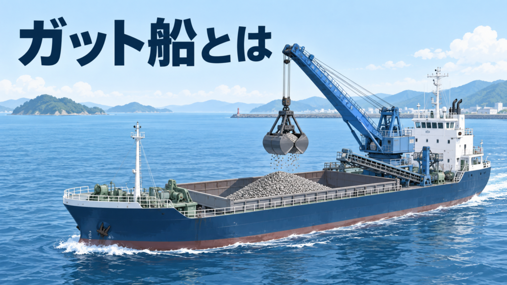 砂利を積んだ船倉とグラブ付きクレーンを備えるガット船のイラスト