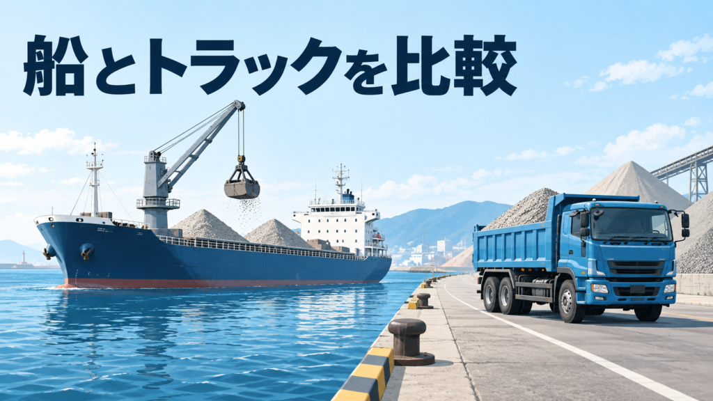 建設資材を運ぶガット船と砂利を積んだダンプトラックを比較するイラスト
