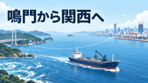 鳴門と関西の港を結ぶ資材輸送を表す、ガット船と航路のイラスト