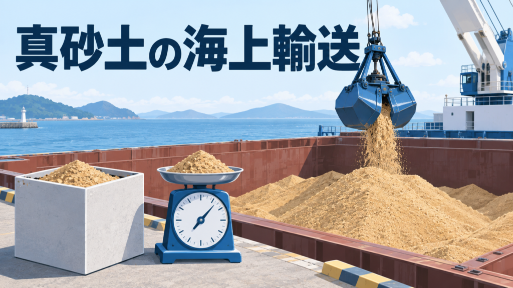 真砂土の荷役と重量・容積の確認を表す、グラブと容器、はかりのイラスト