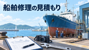 船舶修理の見積もり準備を表す、船体点検と資料、カメラ、工具のイラスト