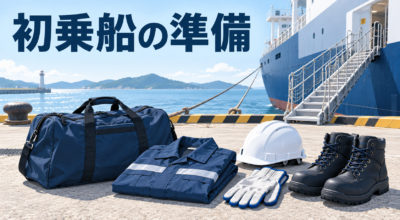 初乗船に備えるバッグ、作業服、ヘルメット、手袋、安全靴と船のイラスト