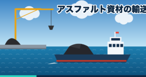 資材を積んだ船と荷役クレーンのある港